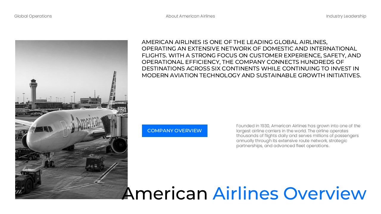 American Airlines Template - overview slide with two-column layout, aircraft at gate image, and company text