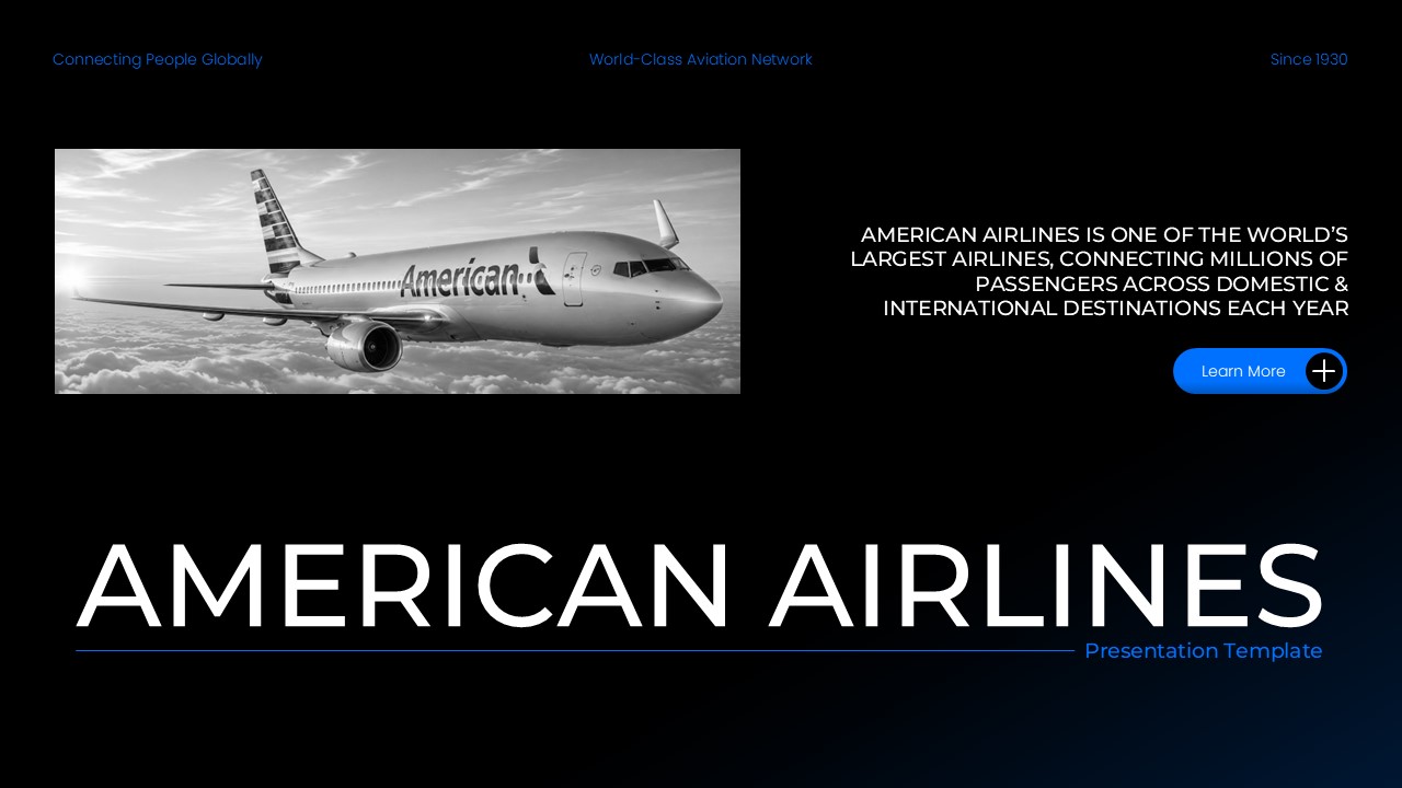 American Airlines Template - title slide with dark gradient background, aircraft image, and company headers