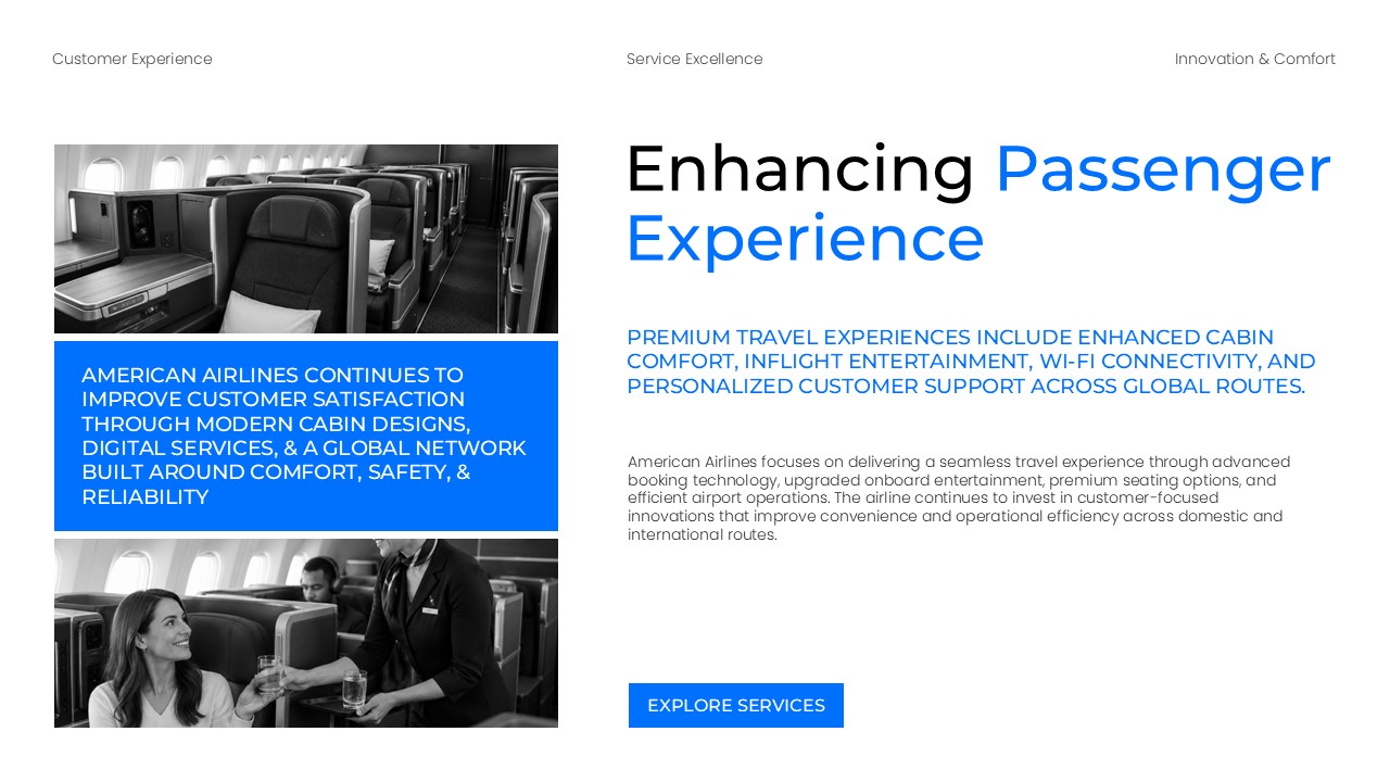 American Airlines Template - experience slide with premium cabin images and passenger service photos