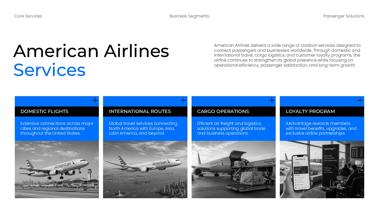 American Airlines Template - services slide with four-panel grid showing different service categories