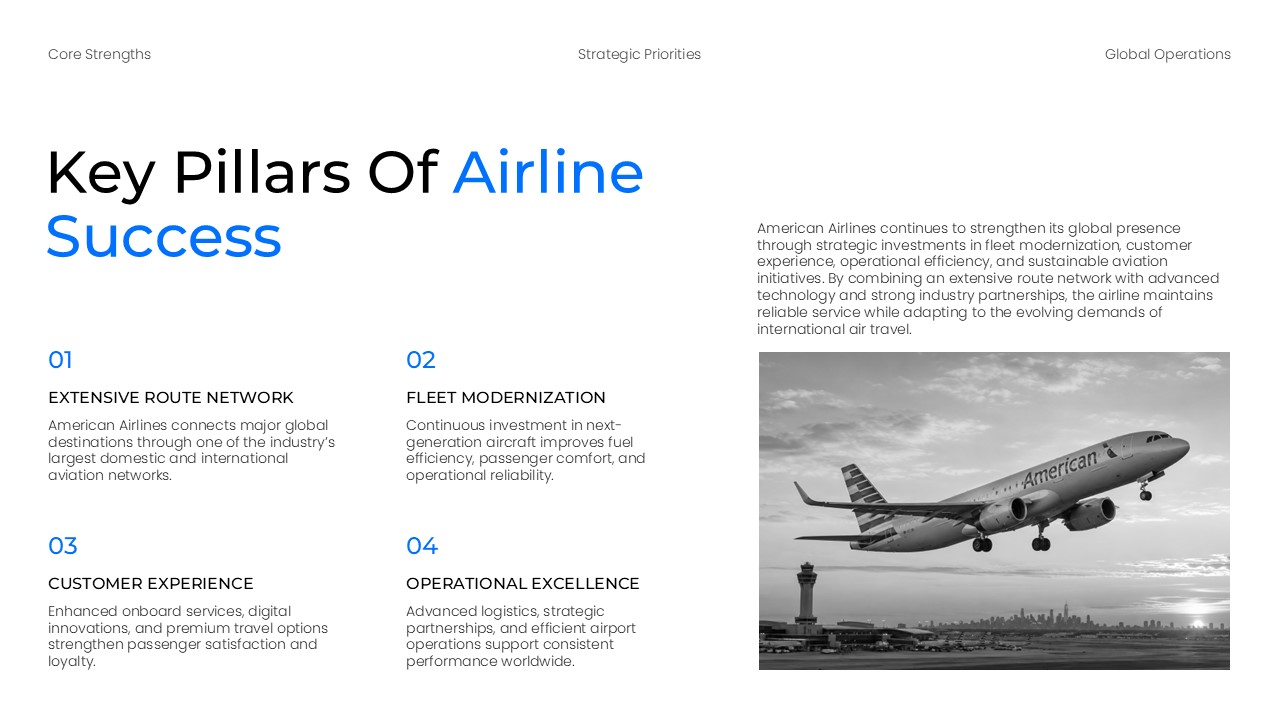 American Airlines Template - success slide with numbered list of four pillars and aircraft takeoff image