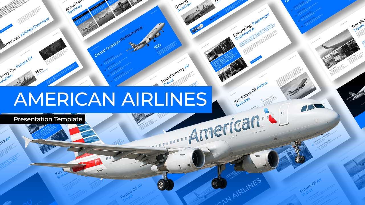 American Airlines Template - cover showing isometric slide arrangement with aircraft and blue branding elements