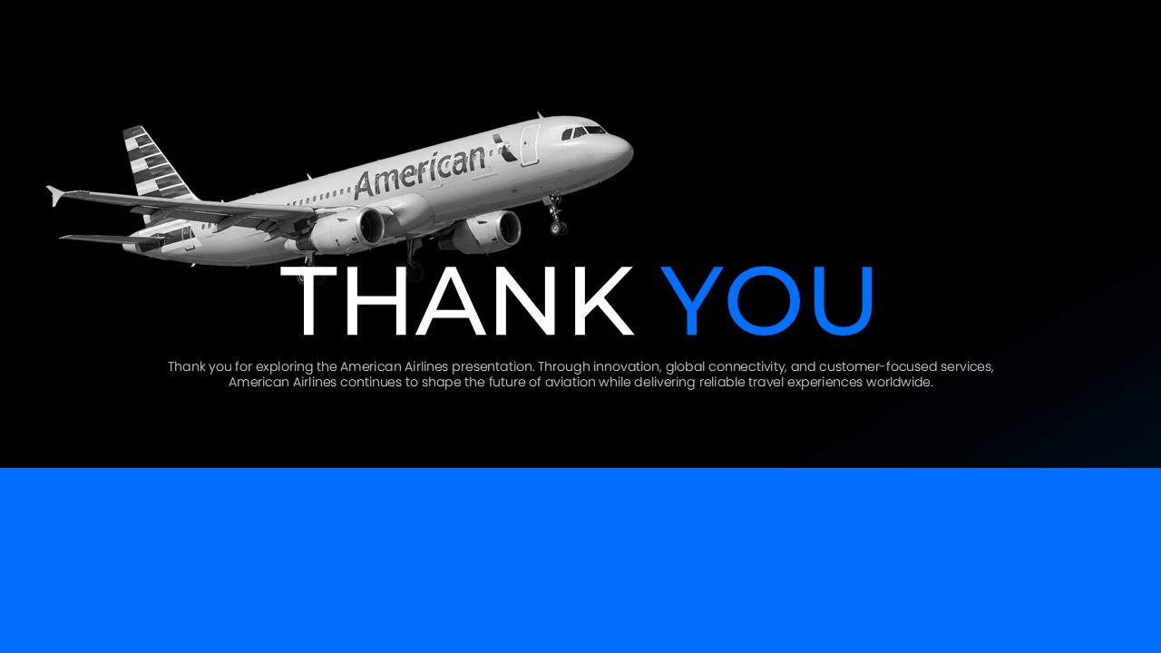American Airlines Template - thank you slide with black background, large aircraft image, and closing text