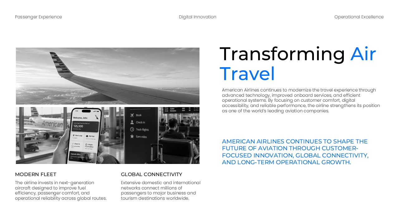 American Airlines Template - transformation slide with wing view, mobile app, and modernization text