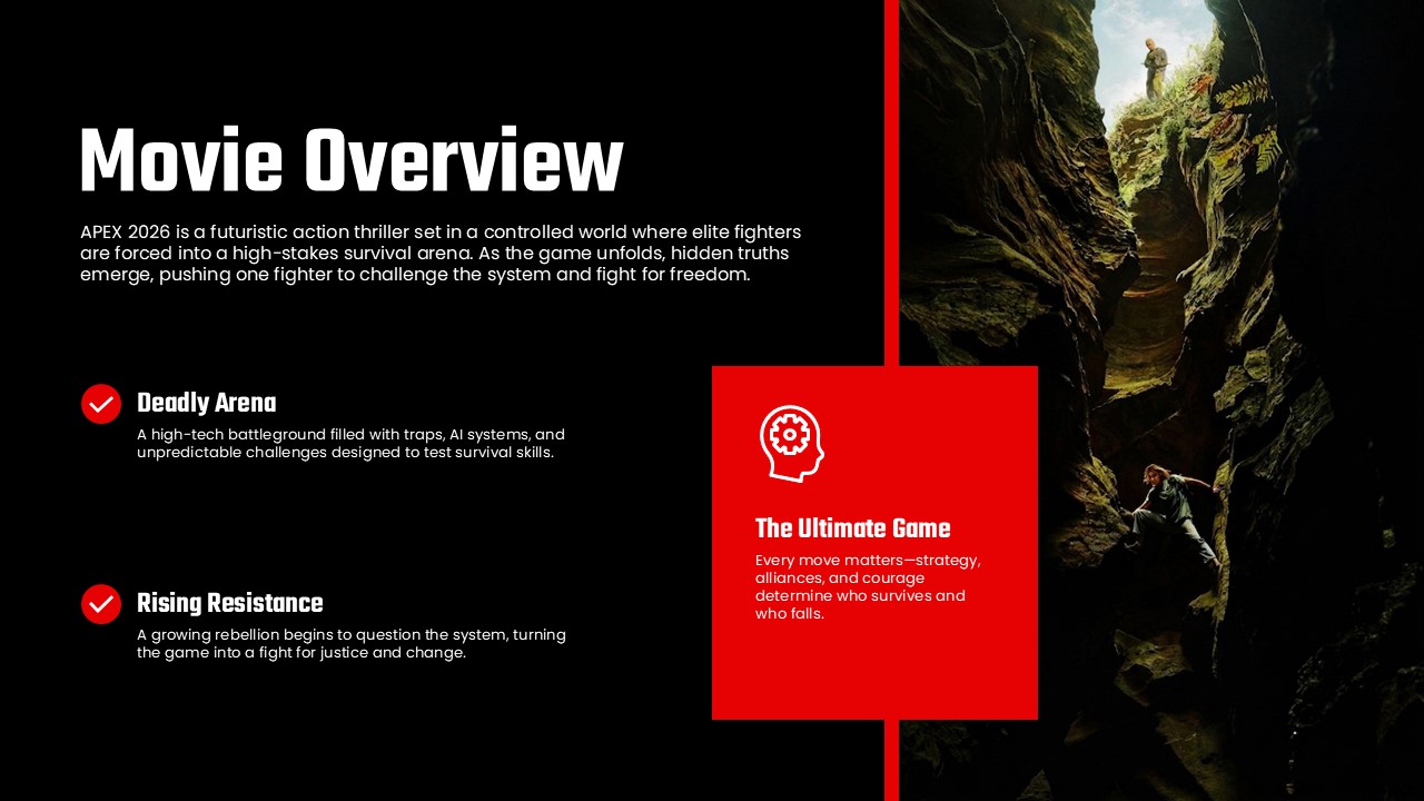 Apex Movie Template - Overview slide to present key film concepts and plot elements with visual impact