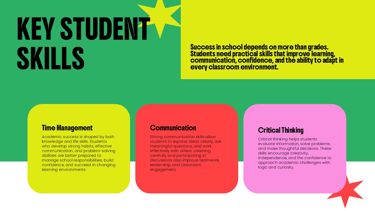 Back to School Template - Key skills slide to present essential academic competencies for student development