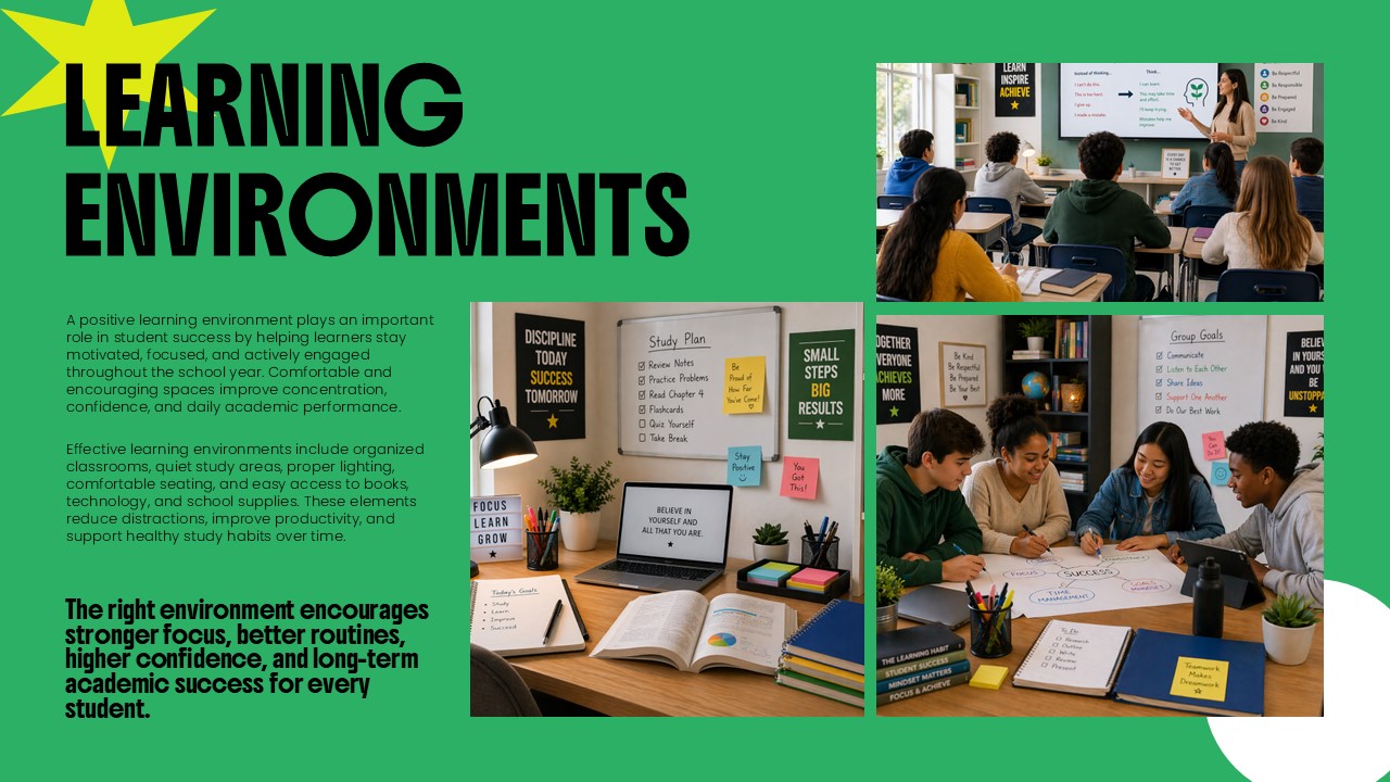 Back to School Template - Learning environments slide to showcase optimal study spaces and classroom setups