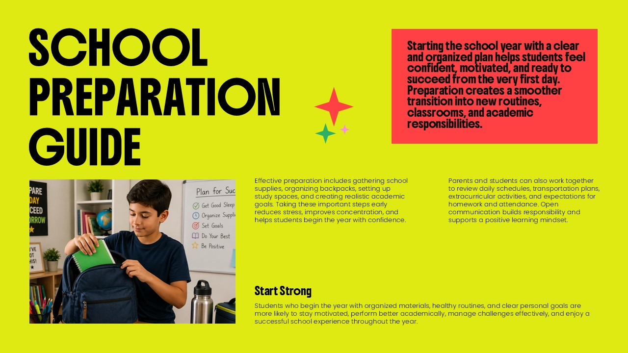 Back to School Template - Preparation guide slide to present comprehensive readiness strategies and tips