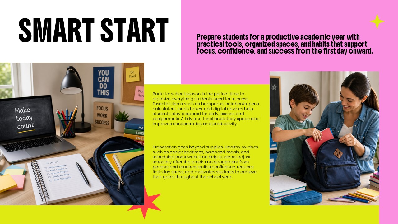 Back to School Template - Smart start slide to present student preparation strategies and organization tips