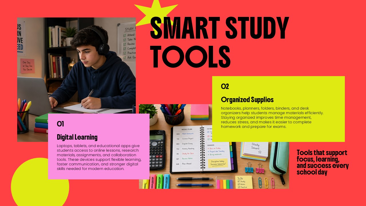 Back to School Template - Study tools slide to showcase digital learning resources and organizational supplies