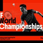 BWF World Championships Title Slide - Bold championship branding with striking player action shot against vibrant red backdrop