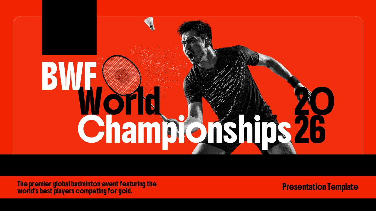 BWF World Championships Title Slide - Bold championship branding with striking player action shot against vibrant red backdrop