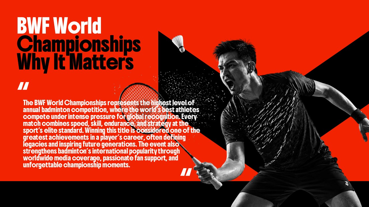 BWF Championships Importance - Diagonal design showcasing championship significance with intense player competition imagery