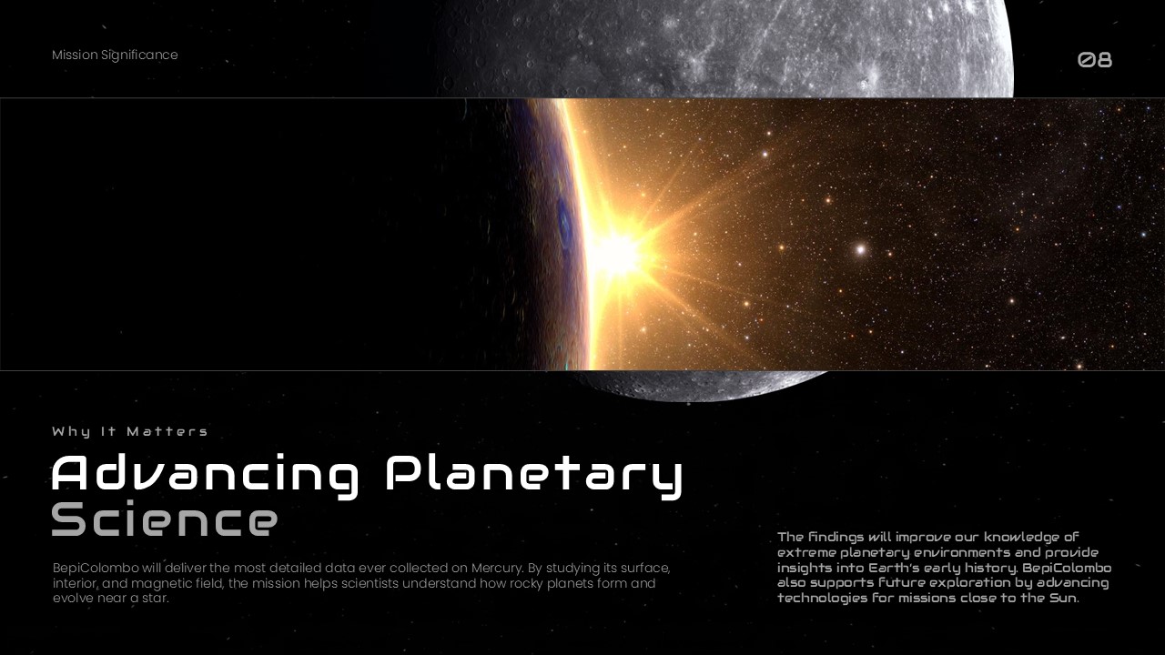 BepiColombo Mission Template - Science significance slide with Mercury and solar flare split-screen design