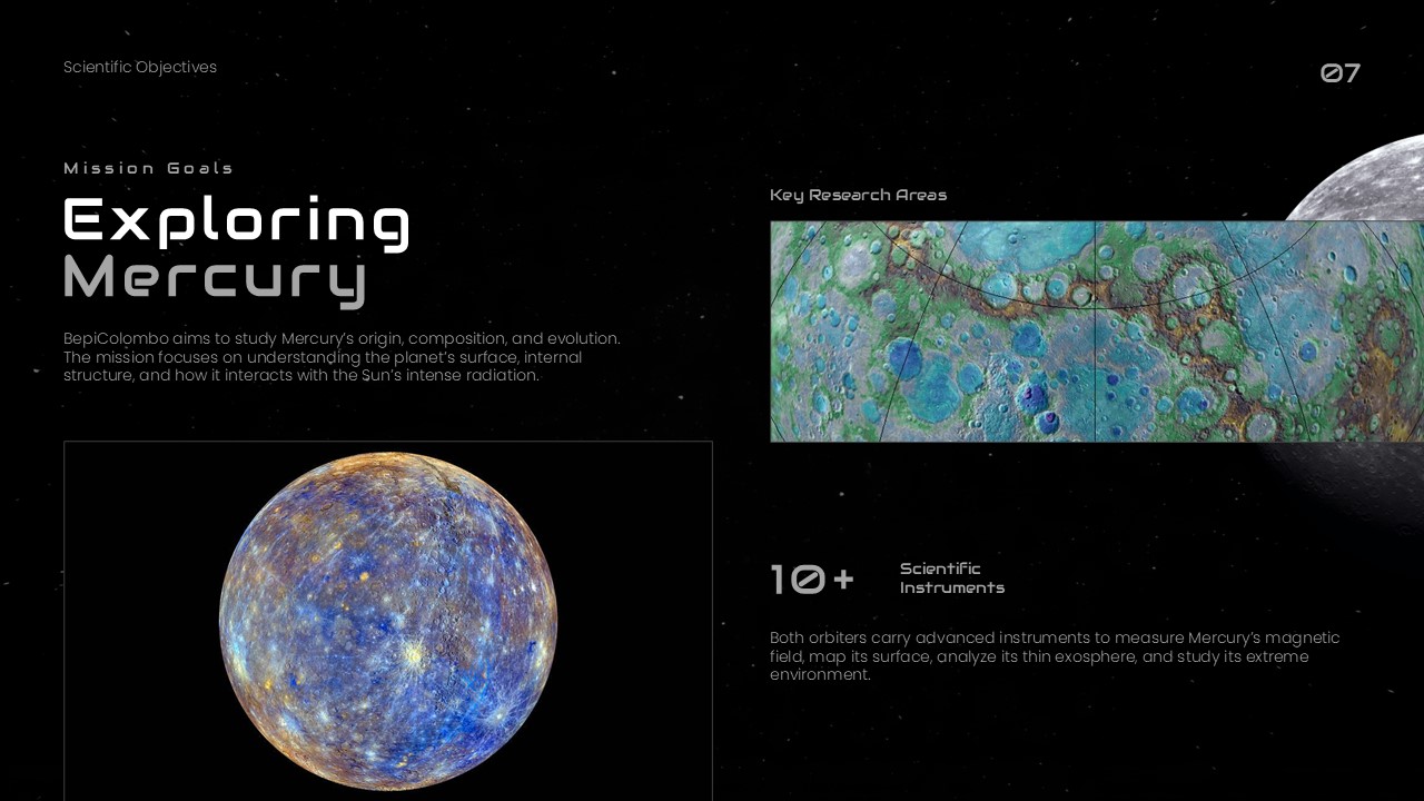 BepiColombo Mission Template - Mission goals slide with enhanced Mercury image and research areas strip