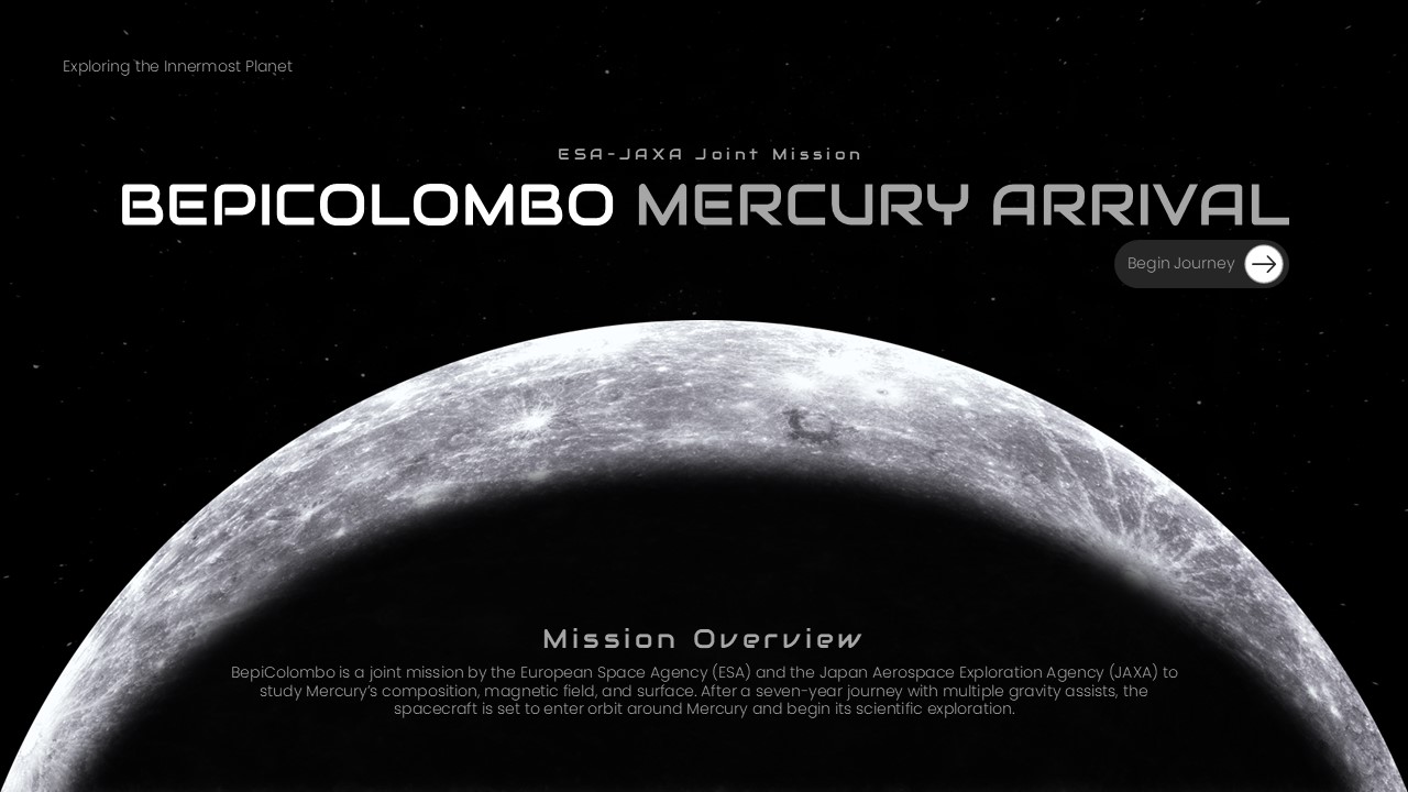BepiColombo Mission Template - Introduction slide with Mercury image, mission overview text block and navigation button