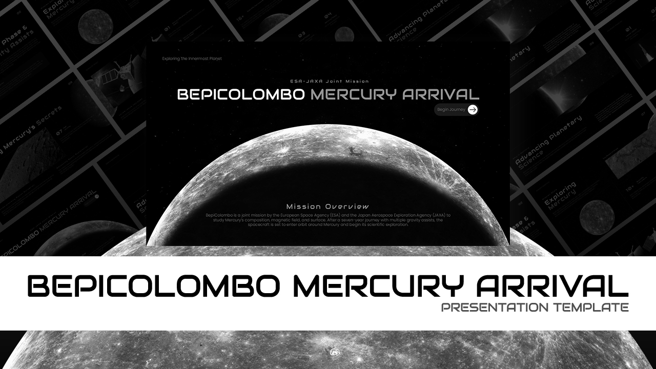 BepiColombo Mission Template - Cover slide with Mercury crescent, space background, mission title and begin journey button