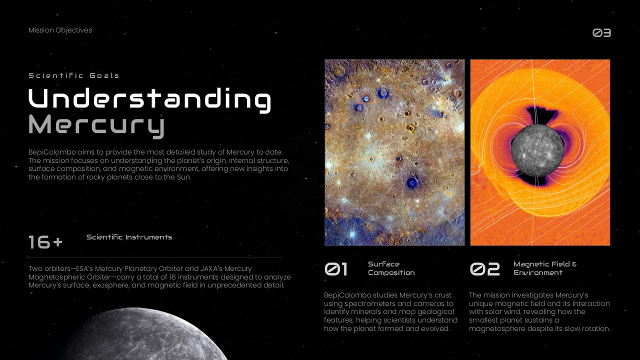 BepiColombo Mission Template - Scientific goals slide with surface composition and magnetic field visualization images