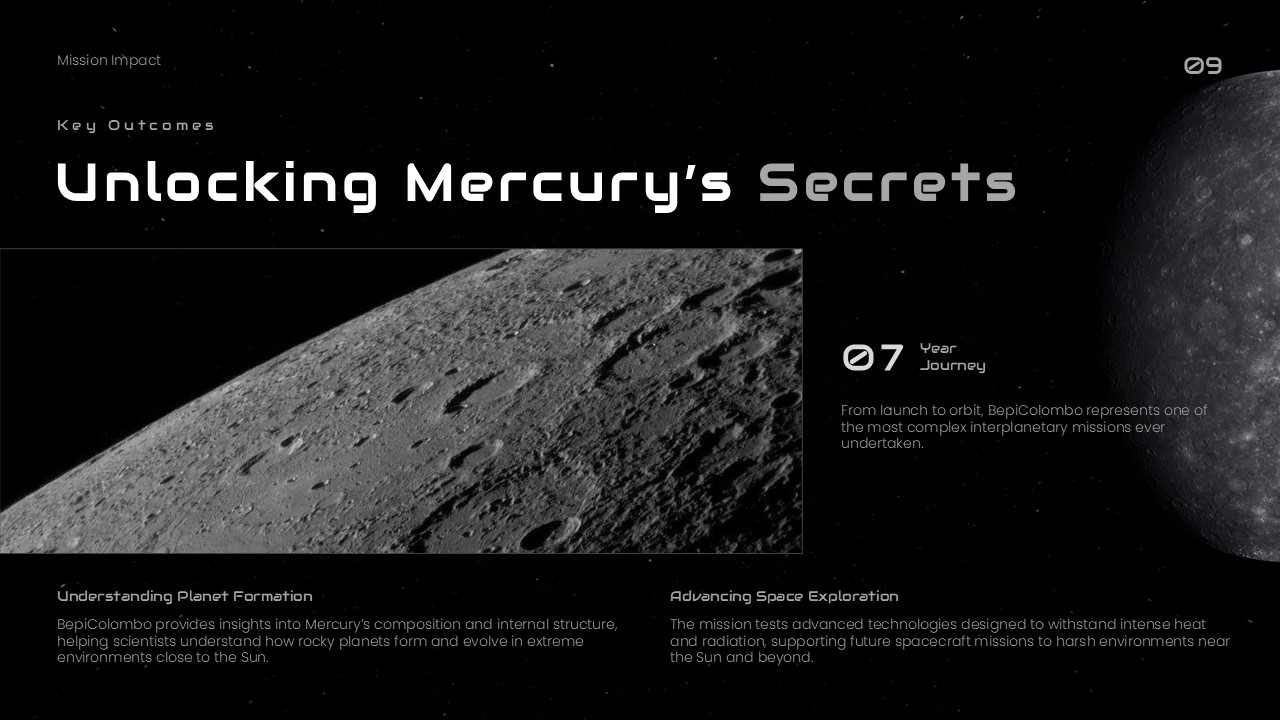 BepiColombo Mission Template - Key outcomes slide with Mercury surface detail and mission achievement text blocks