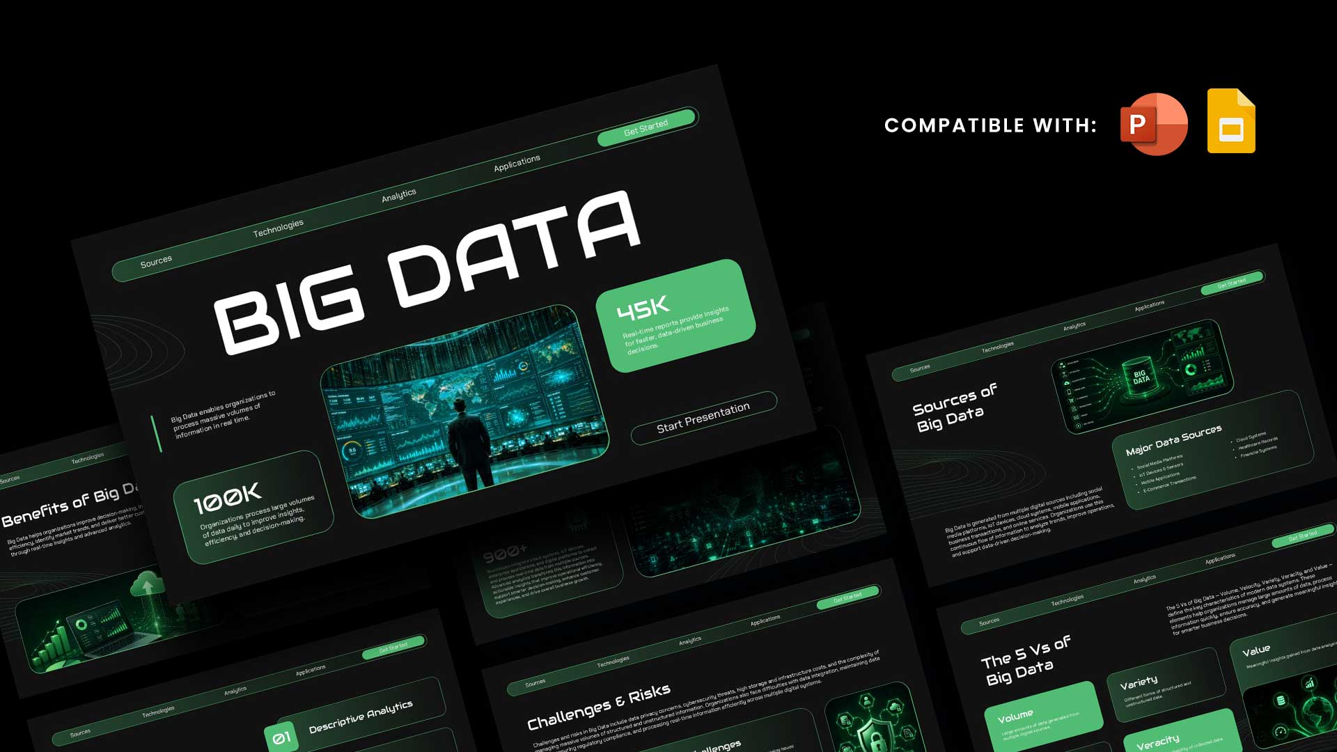 Big Data Template - Professional presentation overview with multiple slides in green and black design