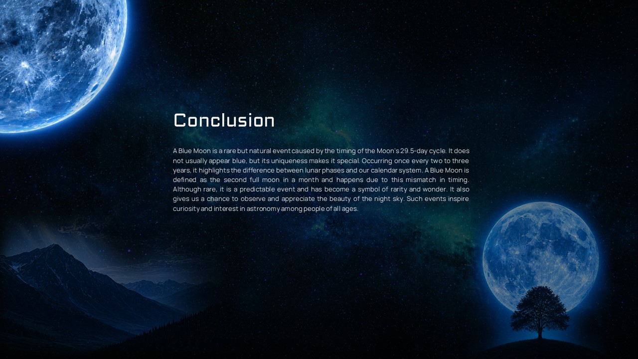 Blue Moon Template - Conclusion slide with summary paragraph, blue moon image and single tree silhouette