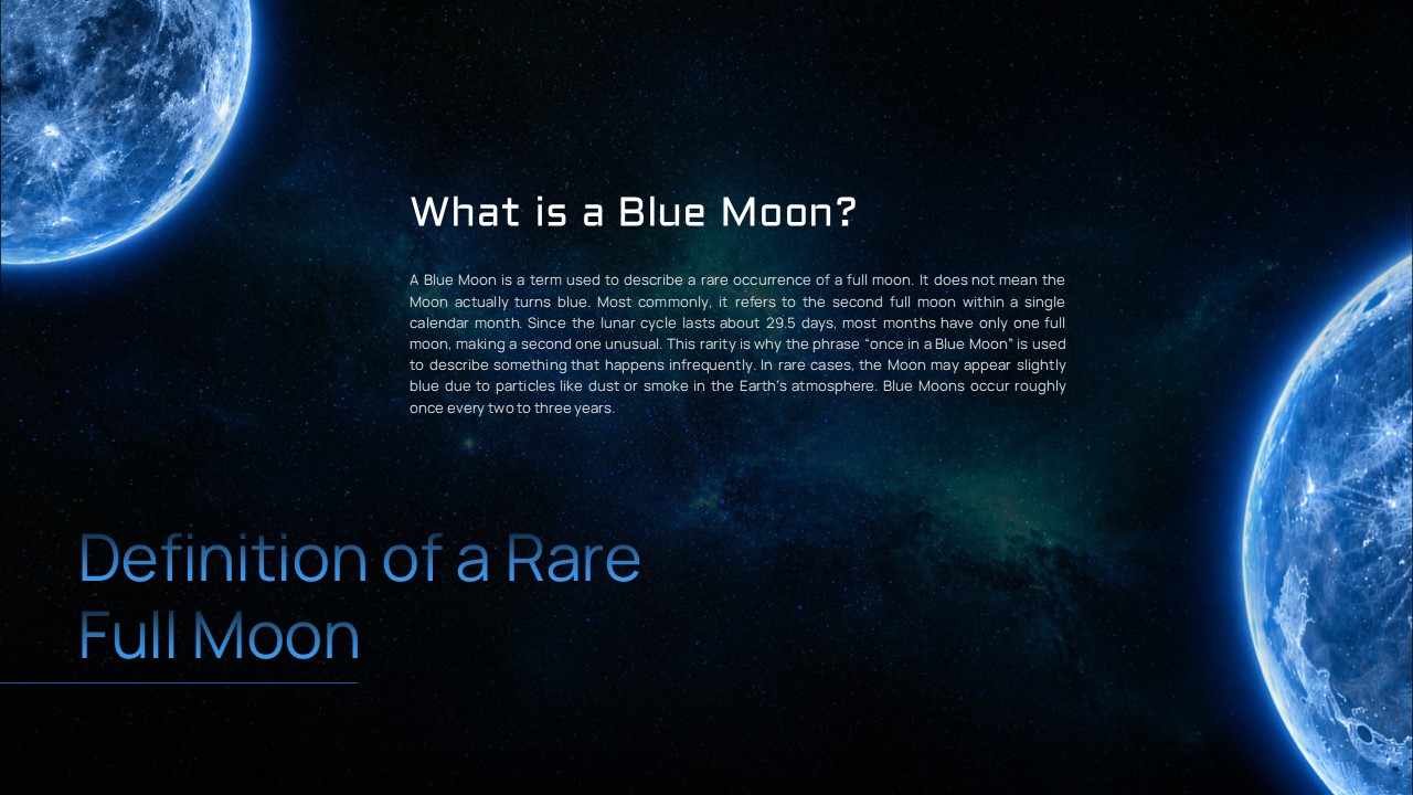 Blue Moon Template - Definition slide with 'What is a Blue Moon?' heading and explanatory text content