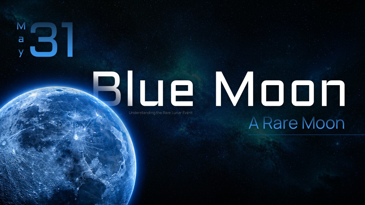 Blue Moon Template - Title slide with starfield background, blue moon image and main heading text layout