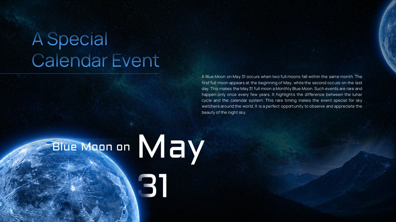 Blue Moon Template - May 31 event slide with large date display, moon image and mountainous landscape