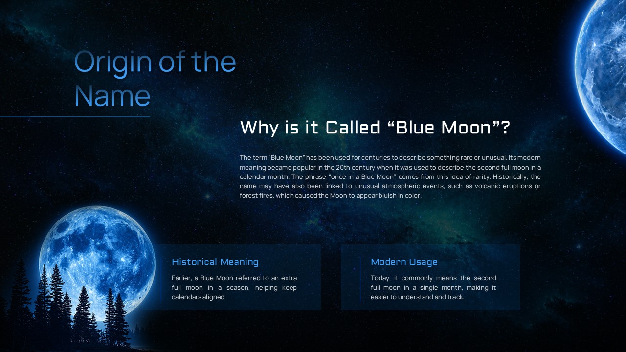 Blue Moon Template - Origin slide with blue moon over trees, Historical Meaning and Modern Usage text sections