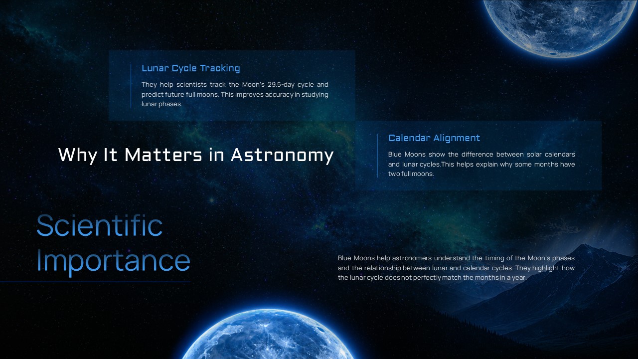 Blue Moon Template - Science slide with Lunar Cycle Tracking and Calendar Alignment text boxes, Earth image