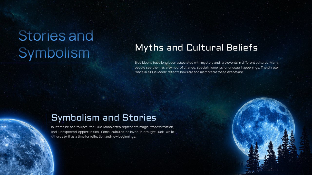 Blue Moon Template - Cultural slide with dual moon images, forest treeline, Symbolism and Stories text content