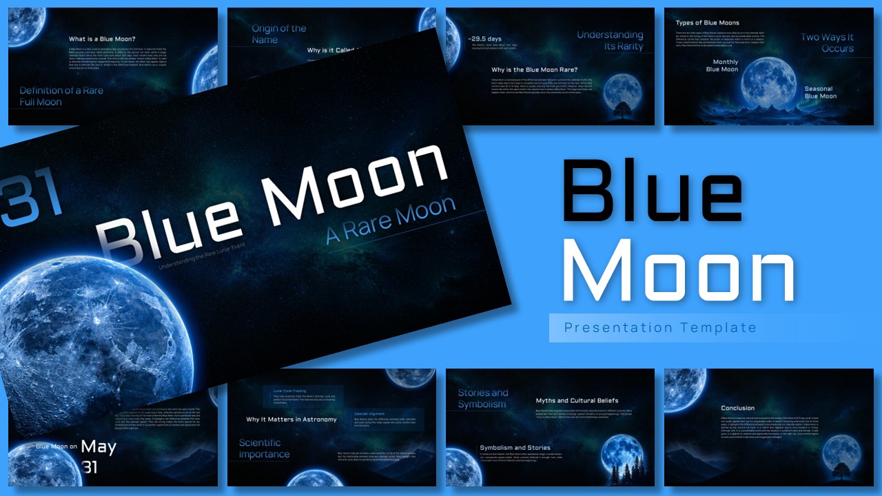 Blue Moon Template - Cover slide with cosmic background, large blue Earth image, title text and May 31 date