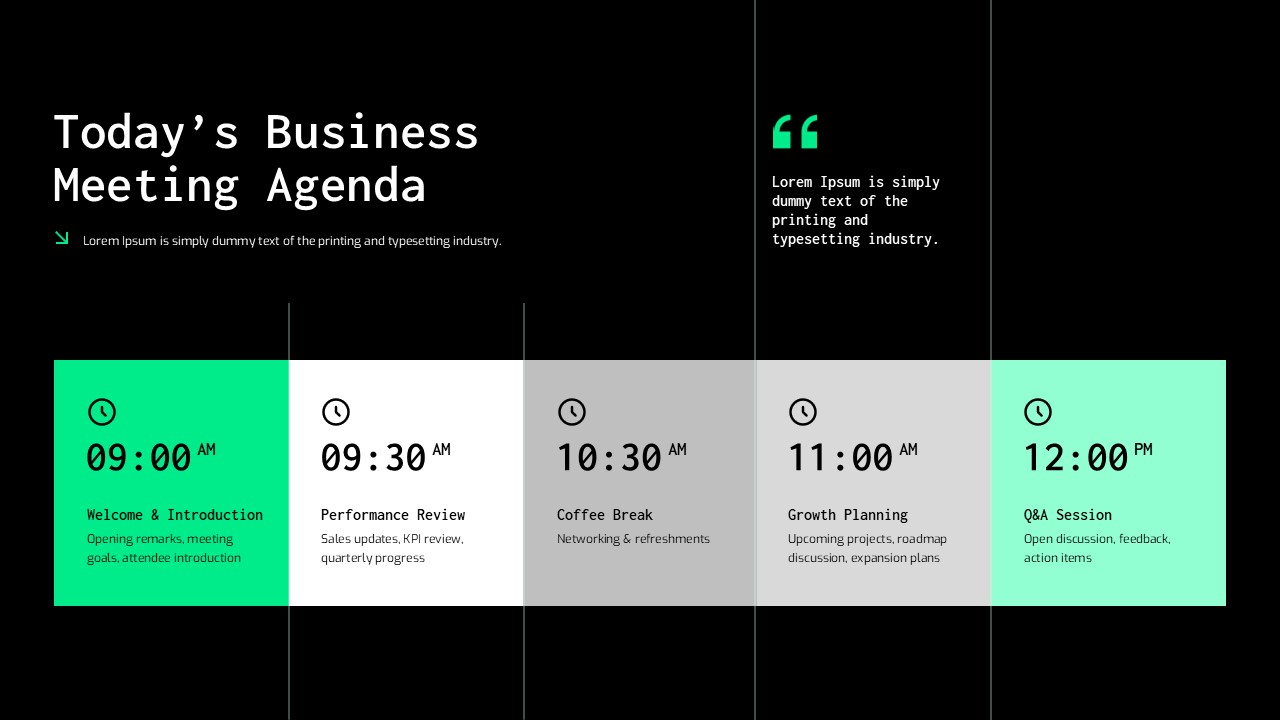 Business Meeting Agenda Template - Dark theme timeline slide for presenting structured meeting schedules professionally
