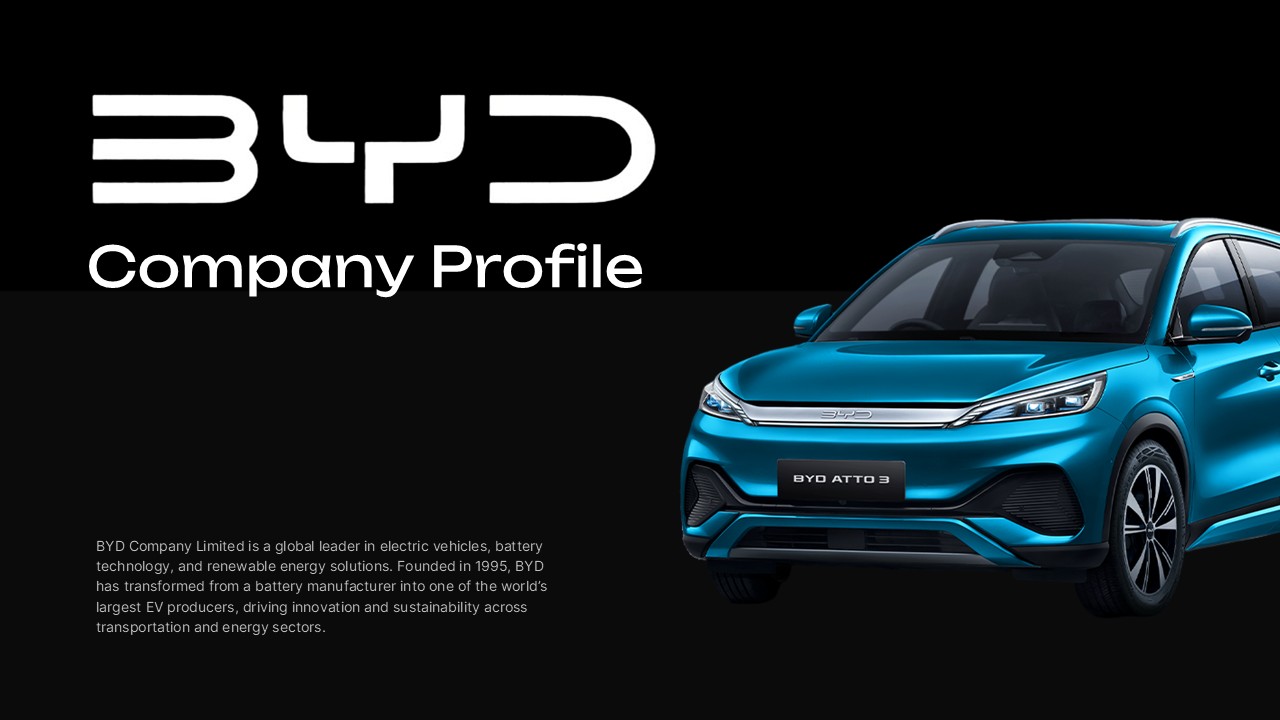 BYD Company Profile - Introduction slide with logo and vehicle