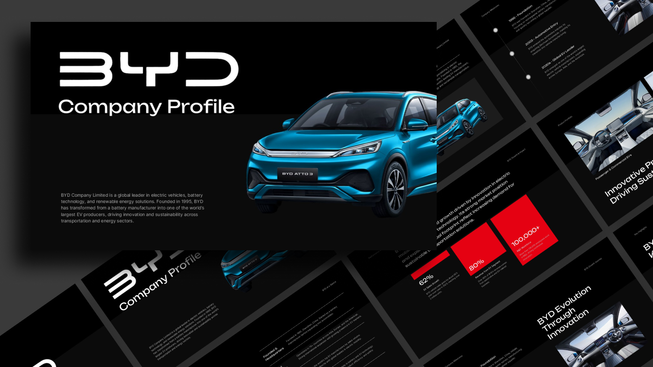 BYD Company Profile Template - Cover slide with blue electric vehicle