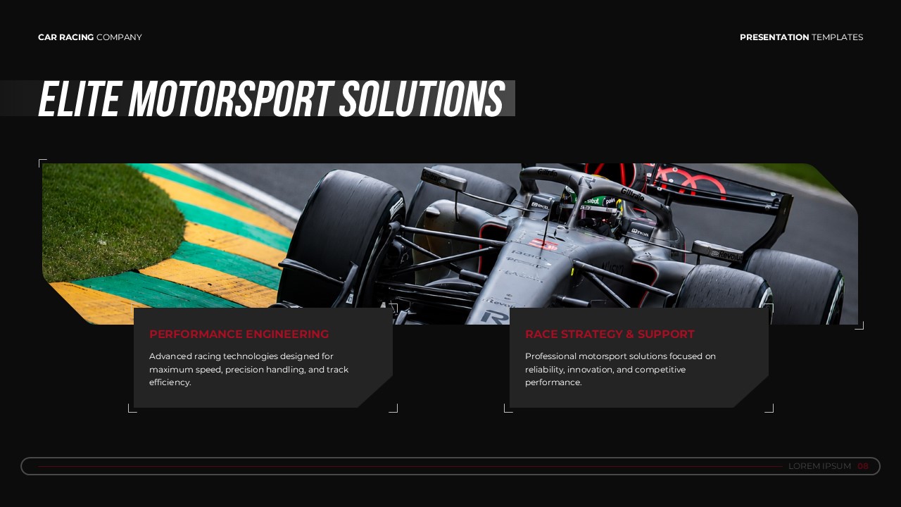 Car Racing Company Template - Solutions overview slide with Formula 1 imagery and service descriptions