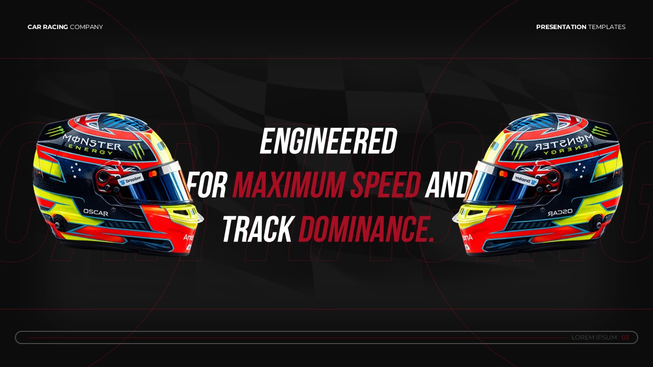 Car Racing Company Template - Equipment showcase slide featuring professional racing helmets and gear