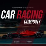 Car Racing Company Template - Professional title slide to open motorsport presentations with racing branding