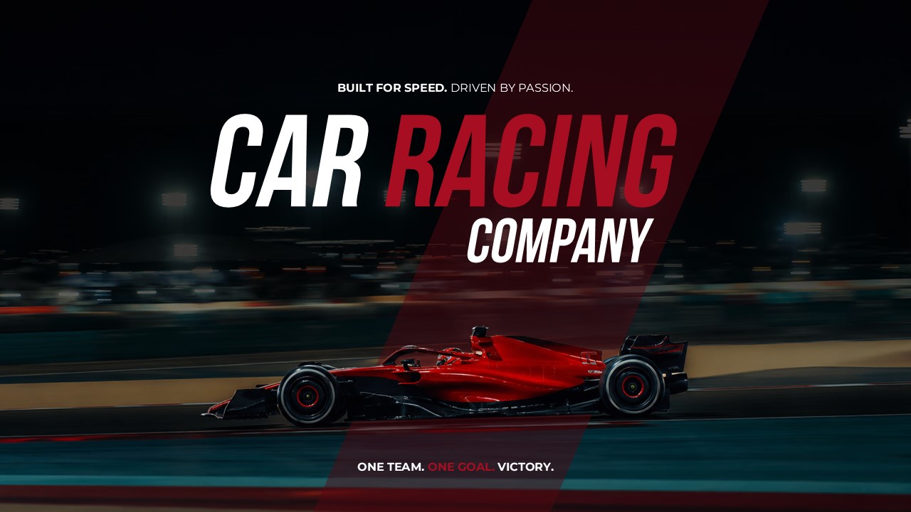 Car Racing Company Template - Professional title slide to open motorsport presentations with racing branding