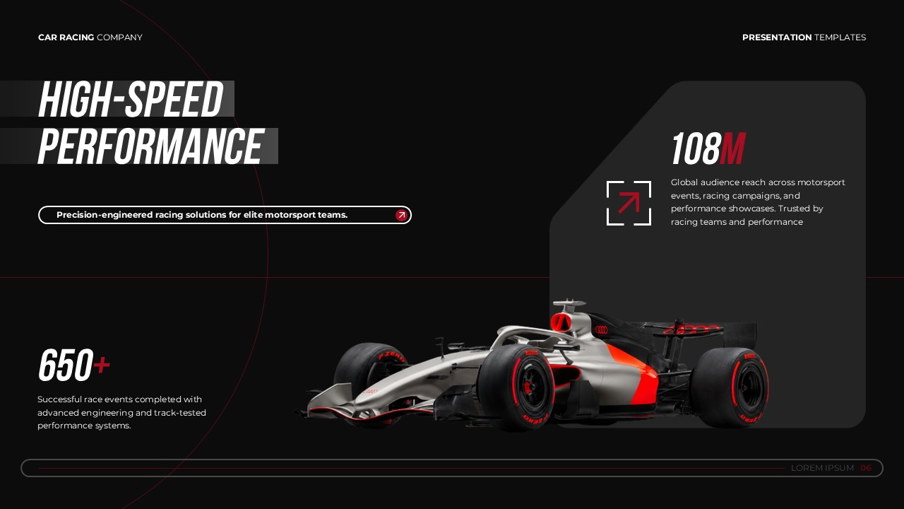 Car Racing Company Template - Performance metrics slide to showcase racing statistics and achievements