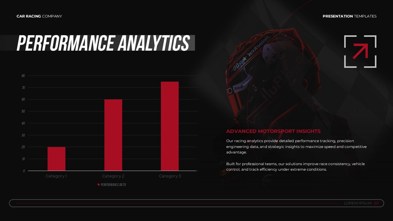 Car Racing Company Template - Analytics slide to present racing data and performance insights with charts
