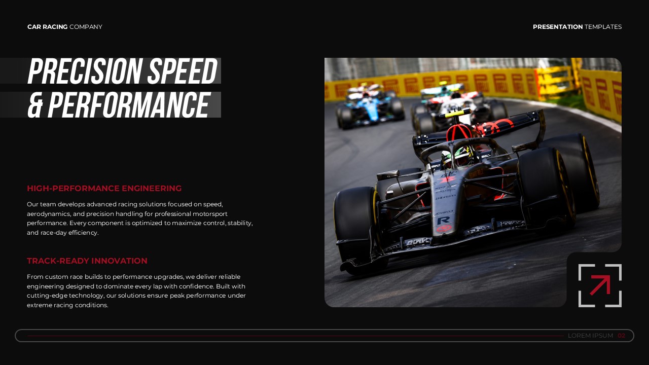Car Racing Company Template - Content slide to showcase engineering capabilities and track performance