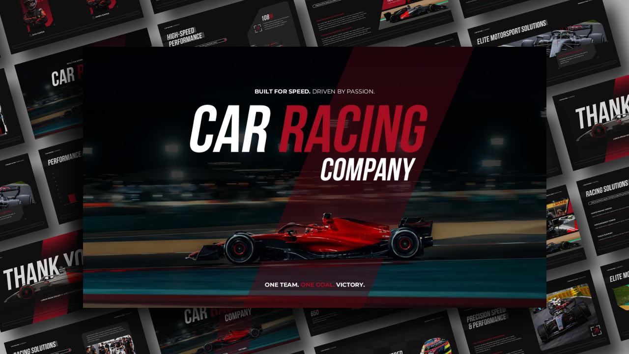 Car Racing Company Template - Dynamic cover slide showcasing comprehensive motorsport presentation template
