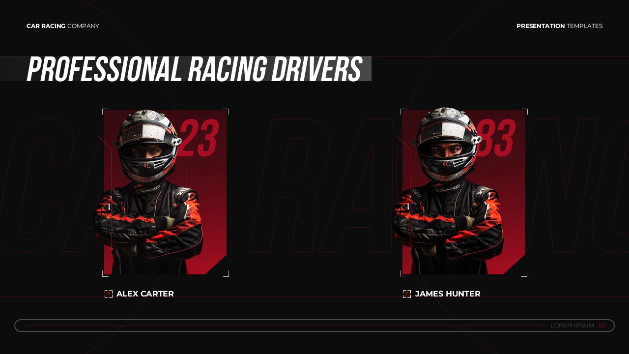 Car Racing Company Template - Team roster slide to introduce professional racing drivers and team members