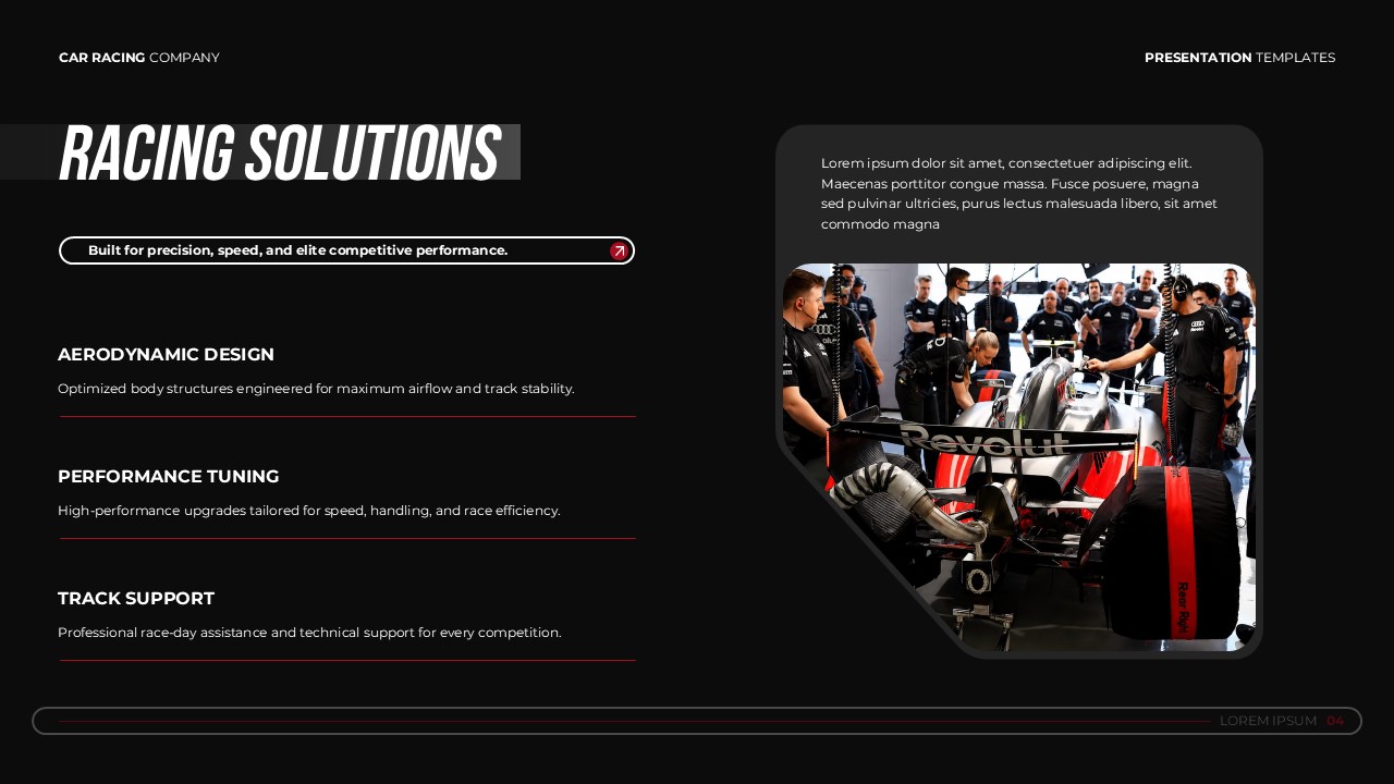 Car Racing Company Template - Services slide to present racing solutions and technical support offerings
