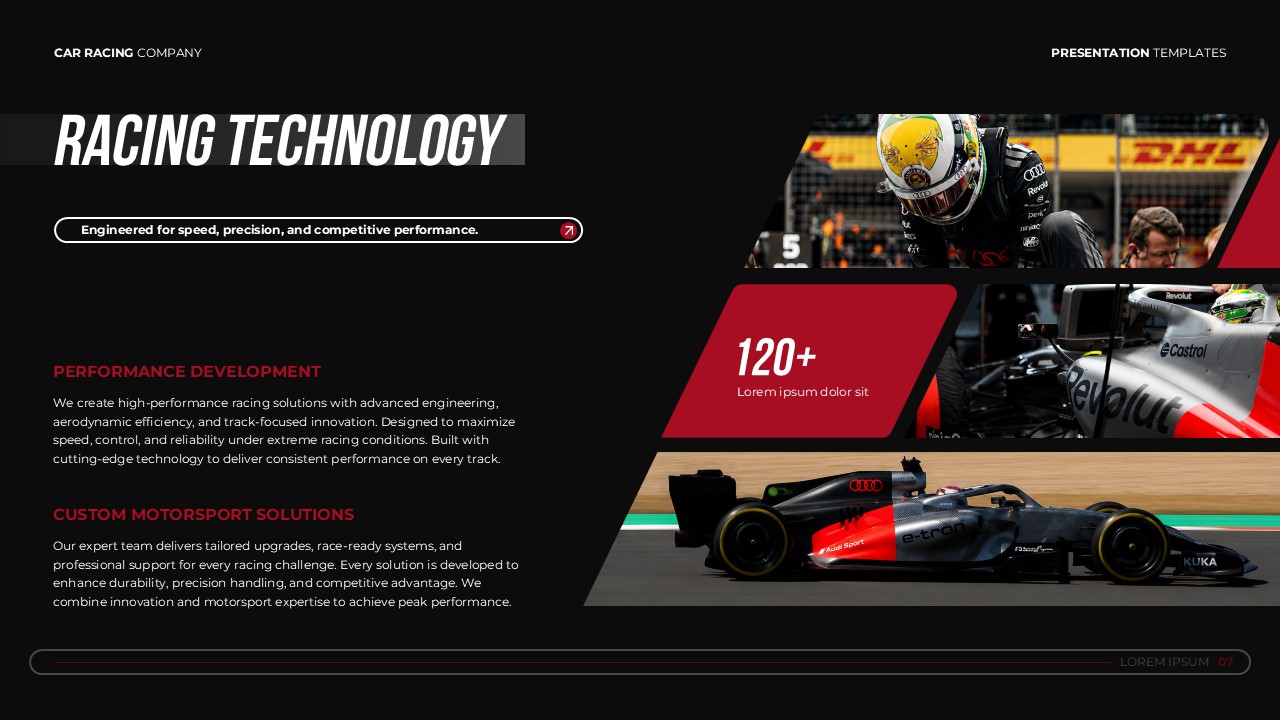 Car Racing Company Template - Technology overview slide to present motorsport innovations and development