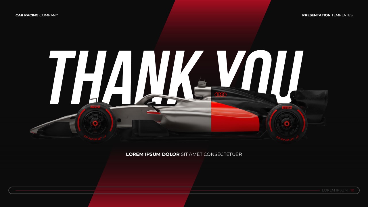 Car Racing Company Template - Professional thank you slide to conclude motorsport presentations