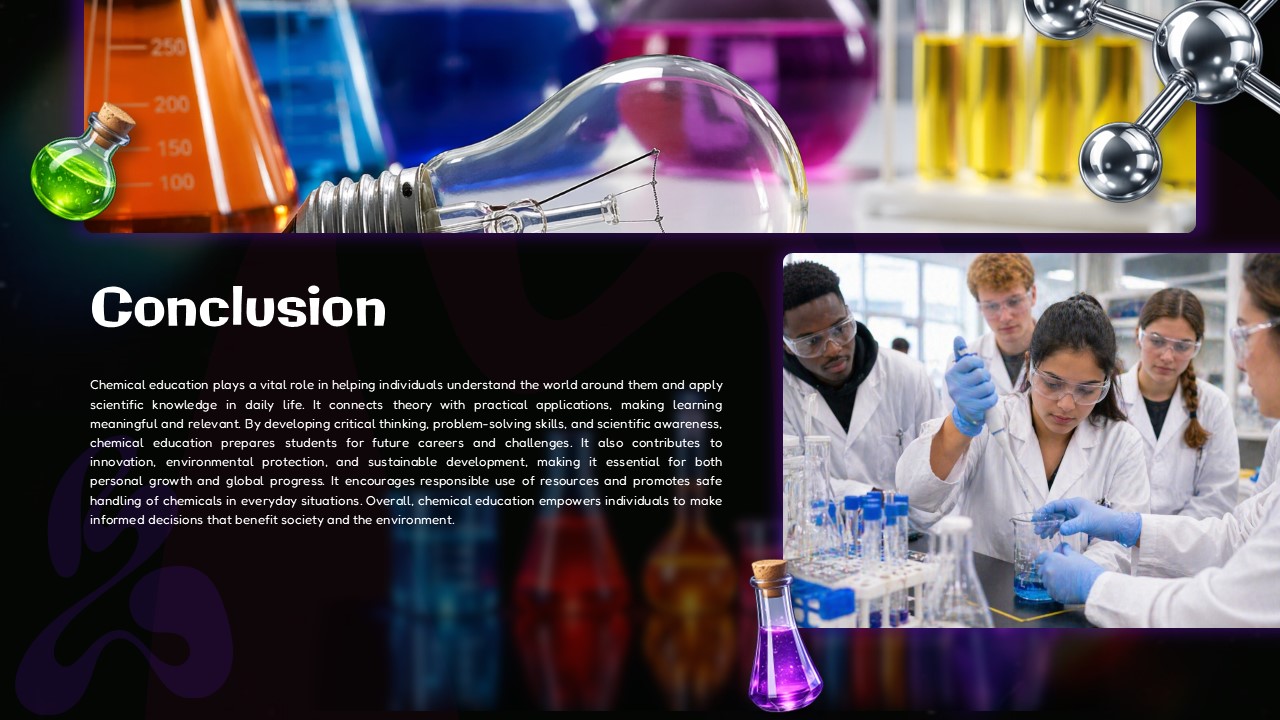 Chemical Education Conclusion - Illuminated lightbulb centerpiece surrounded by diverse student collaboration imagery