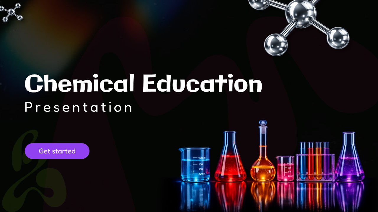 Chemical Education Presentation - Elegant title slide with illuminated lab equipment and molecular design elements