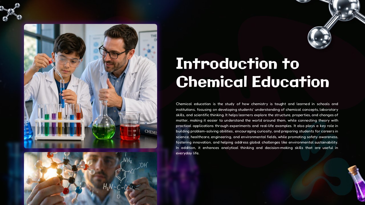 Chemical Education Introduction - Two-column layout combining teacher-student photos with molecular graphics backdrop
